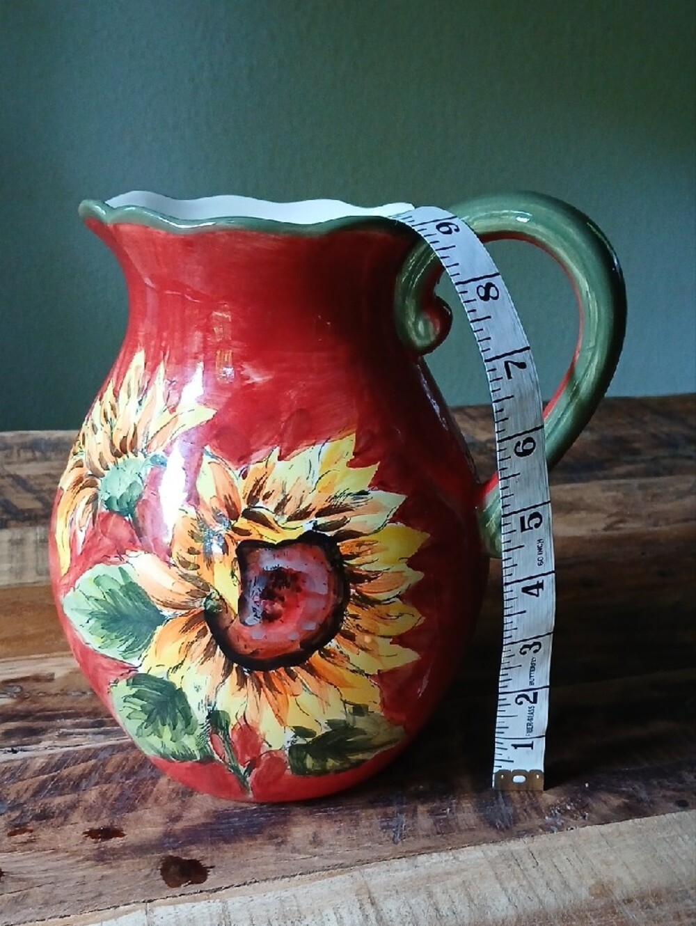 Hand-Painted Sunflower Ceramic Pitcher - Red - Picture 4 of 5